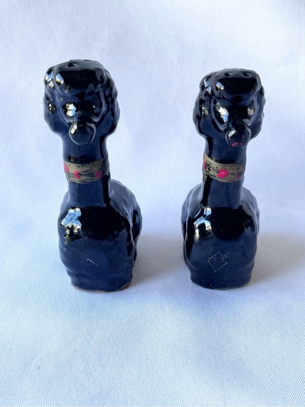 Vintage Black Redware Long Neck French Poodles Dogs Salt & Pepper Shakers Japan